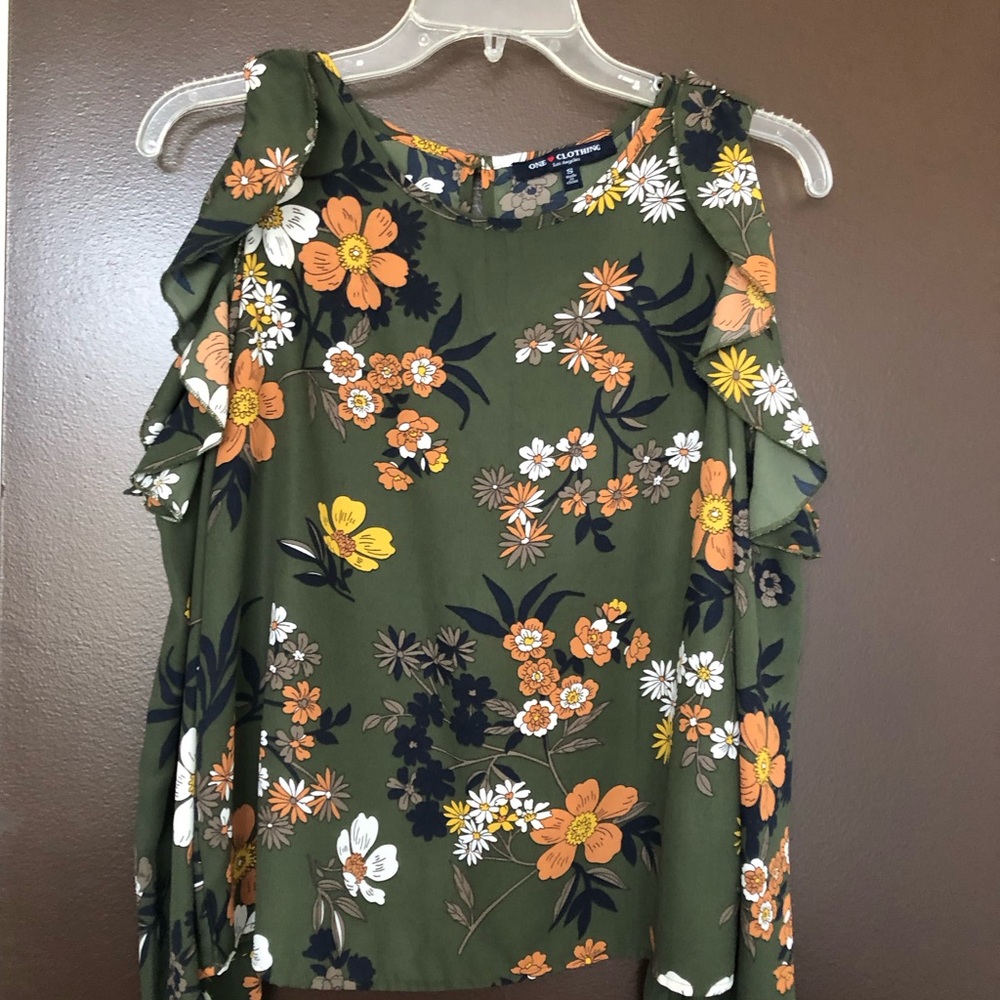 One Clothing Green Floral Ruffled cold shoulder Blouse
